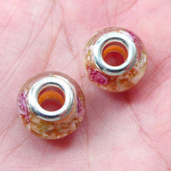 CLEARANCE Lampwork Glass Beads w/ Flower & Gold Glitter (2pcs / 14mm x 10mm / Cream) Focal Bead Slider Bead Bracelet Large Hole European Bead CHM2014