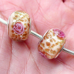 CLEARANCE Lampwork Glass Beads w/ Flower & Gold Glitter (2pcs / 14mm x 10mm / Cream) Focal Bead Slider Bead Bracelet Large Hole European Bead CHM2014