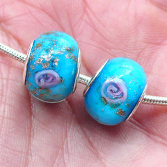 Lampwork Beads w/ Flower & Gold Glitter (2pcs / 14mm x 10mm / Sky Blue) Large Hole Floral Glass Bead Bracelet Big Hole European Bead CHM2015