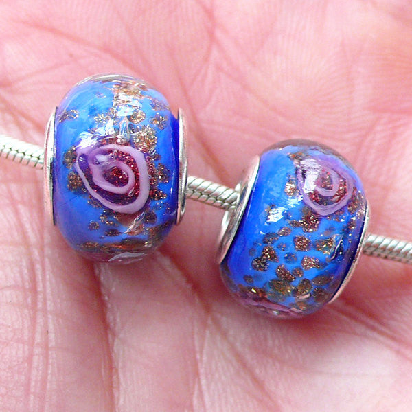 CLEARANCE Floral Glass Beads with Gold Glitter (2pcs / 14mm x 10mm / Blue) Lampwork Flower Bead Slider Bead Focal Beads European Bracelet CHM2017