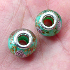 Glass Beads w/ Flower & Gold Glitter (2pcs / 14mm x 10mm / Green) Silver Core Lampwork Glass Bead Focal Bead European Bead Bracelet CHM2018