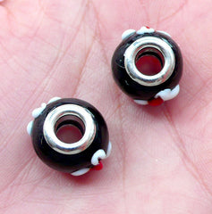 Black Glass Beads w/ White Flower (2pcs / 15mm x 10mm) Large Hole Floral Lampwork Bead Dual Core Focal Beads European Bead Bracelet CHM2023
