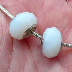 Faceted Glass Beads (2pcs / 14mm x 9mm / White) Big Hole Focal Beads Large Hole Lampwork Bead European Beads European Bracelet CHM2025