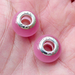 Pink Lampwork Glass Beads (2pcs / 14mm x 9mm) Big Hole Beads Silver Dual Core Bead European Bead Bracelet DIY Necklace Making CHM2026