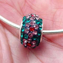 Rhinestone Pave Bead w/ Flower Pattern (1 piece / 15mm x 9mm / Blue Green & Pink) Silver Core Large Hole Bead European Bracelet CHM2028