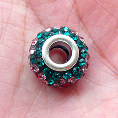 Rhinestone Pave Bead w/ Flower Pattern (1 piece / 15mm x 9mm / Blue Green & Pink) Silver Core Large Hole Bead European Bracelet CHM2028