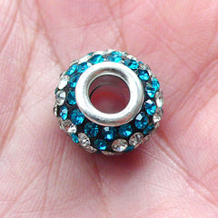 Pave Bead w/ Rhinestone & Flower Pattern (1 piece / 15mm x 9mm / Blue and Clear) Dual Core Crystal Beads European Bead Bracelet CHM2030