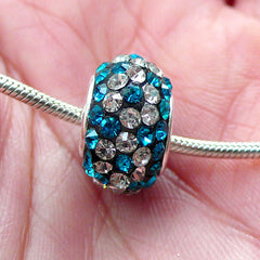 Pave Bead w/ Rhinestone & Flower Pattern (1 piece / 15mm x 9mm / Blue and Clear) Dual Core Crystal Beads European Bead Bracelet CHM2030