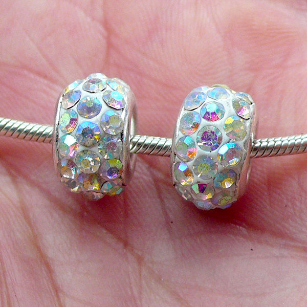 CLEARANCE Pave Clay Bead / Rhinestone Bead (2pcs / 12mm x 7mm / White and AB Clear) Dual Core Bead Large Hole Sparkle Bead Bling European Bead CHM2031