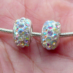 CLEARANCE Pave Clay Bead / Rhinestone Bead (2pcs / 12mm x 7mm / White and AB Clear) Dual Core Bead Large Hole Sparkle Bead Bling European Bead CHM2031