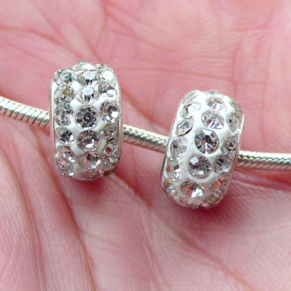 Polymer Clay Pave Beads / Rhinestone Bead (2pcs / 12mm x 7mm / White and Clear) Silver Core Bead Big Hole Beads European Bracelet CHM2027