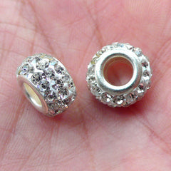 Polymer Clay Pave Beads / Rhinestone Bead (2pcs / 12mm x 7mm / White and Clear) Silver Core Bead Big Hole Beads European Bracelet CHM2027