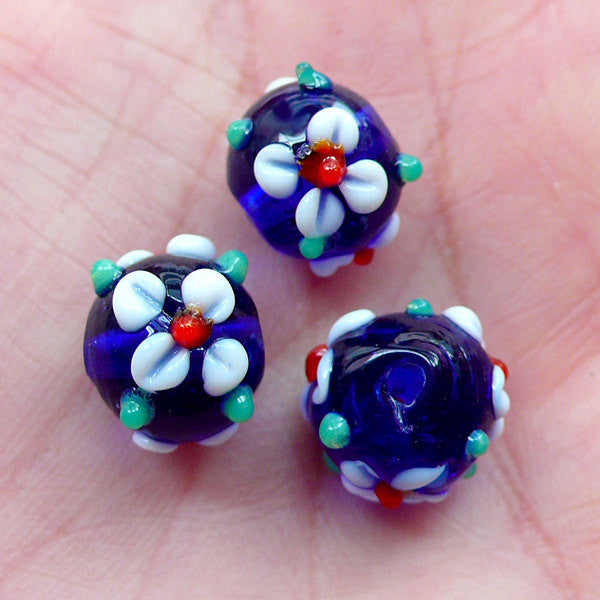 Flower Lampwork Bead Floral Glass Bead 3pcs 12mm x 10mm Dark Bl MiniatureSweet Kawaii Resin Crafts Decoden Cabochons Supplies Jewelry Making