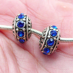 CLEARANCE Rhinestones Rondelle Bead (2pcs / 11mm x 7mm / Tibetan Silver & Blue) Bling Flat Bead Big Hole Bead Crystal Bead European Bracelet CHM2050