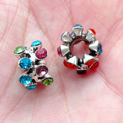 Colorful Rhinestone Pave Beads (2pcs / 12mm x 8mm / Silver) Sparkle Big Hole Bead Bling Bling Rondelle Bead Ring Bead European Bead CHM2045
