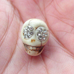 Skull Bead with Rhinestones (1 piece / 10mm x 13mm) Halloween Bead Spooky Bracelet Necklace Small Hole Vertical Bead Howlite Bead CHM2048