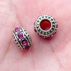 CLEARANCE Rondelle Bead w/ Rhinestones (2pcs / 11mm x 7mm / Tibetan Silver & Purple Pink) Bling Large Hole Bead Sparkle Bead European Bracelet CHM2049