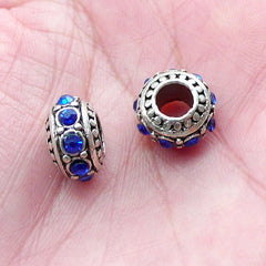 CLEARANCE Rhinestones Rondelle Bead (2pcs / 11mm x 7mm / Tibetan Silver & Blue) Bling Flat Bead Big Hole Bead Crystal Bead European Bracelet CHM2050