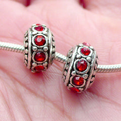 Rondel Bead with Rhinestones (2pcs / 11mm x 7mm / Tibetan Silver & Red) Large Hole Rondelle Bead Crystal Spacer Slider European Bead CHM2051