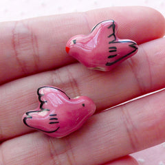 Dove Pottery Bead / Animal Ceramic Beads / Handpainted Porcelain Bead (2pcs / 19mm x 14mm / Dark Pink / 2 Sided) Bird Focal Bead CHM2068