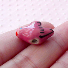 Dove Pottery Bead / Animal Ceramic Beads / Handpainted Porcelain Bead (2pcs / 19mm x 14mm / Dark Pink / 2 Sided) Bird Focal Bead CHM2068