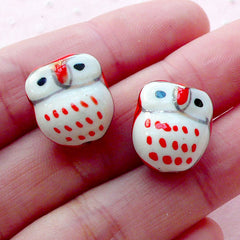 Owl Pottery Bead / Animal Porcelain Bead / Bird Ceramic Bead (2pcs / 14mm x 15mm / Red & White) Bracelet Earrings Necklace Making CHM2073