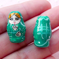 Russian Doll Ceramic Bead / Matryoshka Pottery Bead / Handpainted Porcelain Bead (2pcs / 12mm x 19mm / Green) Nesting Doll Bead CHM2074