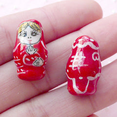 Matryoshka Ceramic Bead / Babushka Pottery Bead / Nesting Doll Porcelain Bead (2pcs / 12mm x 19mm / Red) Russian Doll Focal Bead CHM2076