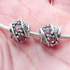 Barrel Rhinestones Beads (2pcs / 10mm x 9mm / Tibetan Silver & Pink) Bling European Bead Dreadlock Bead Bracelet Necklace Making CHM2056