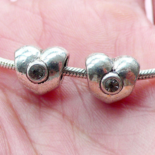 Rhinestone Heart Beads (2pcs / 10mm x 9mm / Tibetan Silver / 2 Sided) Large Hole Focal Bead Slider Bracelet DIY Bridesmaid Jewelry CHM2061