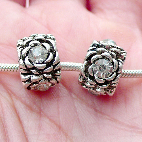 Floral Barrel Rhinestone Beads (2pcs / 12mm x 8mm / Tibetan Silver & Clear) European Bracelet Big Hole Flower Bead Focal Bead Slider CHM2063