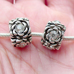 Floral Barrel Rhinestone Beads (2pcs / 12mm x 8mm / Tibetan Silver & Clear) European Bracelet Big Hole Flower Bead Focal Bead Slider CHM2063