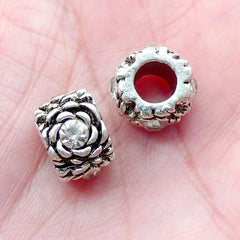 Floral Barrel Rhinestone Beads (2pcs / 12mm x 8mm / Tibetan Silver & Clear) European Bracelet Big Hole Flower Bead Focal Bead Slider CHM2063