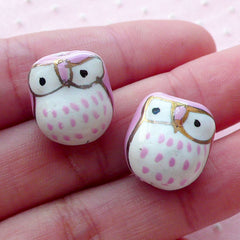 Owl Ceramic Bead / Animal Pottery Bead / Bird Porcelain Bead (2pcs / 14mm x 15mm / Light Purple & White) Handpainted Focal Bead CHM2072