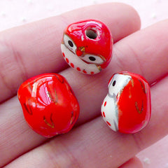 Owl Pottery Bead / Animal Porcelain Bead / Bird Ceramic Bead (2pcs / 14mm x 15mm / Red & White) Bracelet Earrings Necklace Making CHM2073