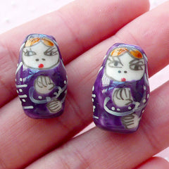 CLEARANCE Babushka Ceramic Bead / Russian Doll Pottery Bead / Matryoshka Porcelain Bead (2pcs / 12mm x 19mm / Purple) Nesting Doll Focal Bead CHM2075