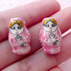 Nesting Doll Ceramic Bead / Babushka Pottery Bead / Russian Doll Porcelain Bead (2pcs / 12mm x 19mm / Pink) Matryoshka Focal Bead CHM2077