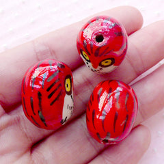 3D Owl Porcelain Bead / Ceramic Bead / Pottery Bead (2pcs / 17mm x 23mm / Red & White) Large Animal Focal Bead Big Bird Loose Bead CHM2079