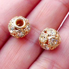 Rhinestone Ball Bead / Pave Bead (2pcs / 9mm x 8mm / Gold & Clear) Round Loose Bead Crystal Focal Bead Metal Bead Wedding Jewellery CHM2083