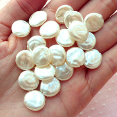 Coin Pearl / Flat Pearl Bead / Rondelle Pearl / ABS Faux Pearl / Fake Pearl with Hole (15pcs / 12mm x 13mm / Cream White) DIY Jewelry PES78