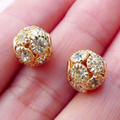 Rhinestone Ball Bead / Pave Bead (2pcs / 9mm x 8mm / Gold & Clear) Round Loose Bead Crystal Focal Bead Metal Bead Wedding Jewellery CHM2083