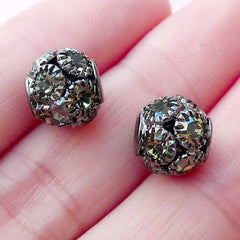 Crystal Ball Bead / Rhinestone Pave Bead (2pcs / 9mm x 8mm / Gunmetal) Bling Loose Bead Round Focal Bead Bracelet Necklace Earrings CHM2084