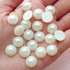 Round Half Pearl with Flower Border / Pearlized Cabochons (45pcs / 11mm / Cream White / Flatback) Hair Bow Making Decoration Scrapbook PES81