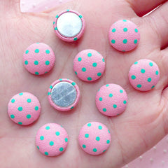 Round Button Cabochons (10pcs / 12mm / Pink & Green Polka Dot / Flat Back) Fabric Button Decor Hair Accessories Decoration Scrapbook CAB447