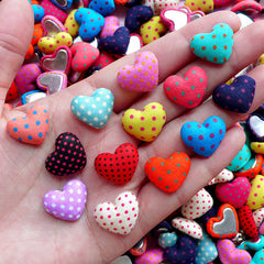 Kawaii Heart Fabric Button Cabochon Mix in Polka Dot (10pcs / 17mm x 14mm / Assorted Color / Flat Back) Cute Card Making Scrapbooking CAB456