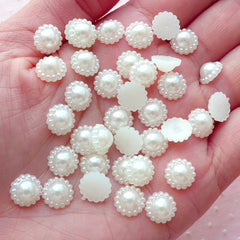 Flower Pearl with Decorative Border / Round Pearlized Cabochons (60pcs / 9mm / Cream White / Flat Back) Hair Bow Center Embellishment PES80