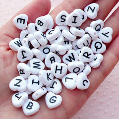 Heart Alphabet Beads / Letter Bead (You Pick Letters or We Pick By Random / 11mm / White & Black) Word Beads Initial Jewelry Making CHM2090