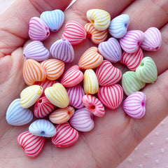 Acrylic Heart Beads w/ Stripe Line (11mm x 10mm / Assorted Pastel Color / 25pcs) Fluted Bead Etched Bead Love Jewelry Wedding Decor CHM2098