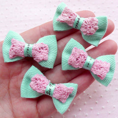 Kawaii Bows with Lace Ribbon / Bowtie Applique / Fabric Bow Tie (4pcs / 38mm x 24mm / Baby Blue) Fairy Kei Hair Jewelry Sewing Supplies B060