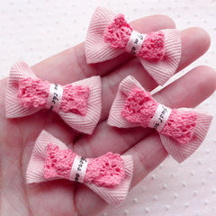 Baby Pink Bow Ties with Lace Ribbon / Kawaii Bowtie Applique / Fabric Bows (4pcs / 38mm x 24mm) DIY Hair Band Baby Shower Favor Decor B061